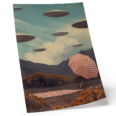 Impression sur toile Paysage pittoresque, parapluie et objets mystérieux