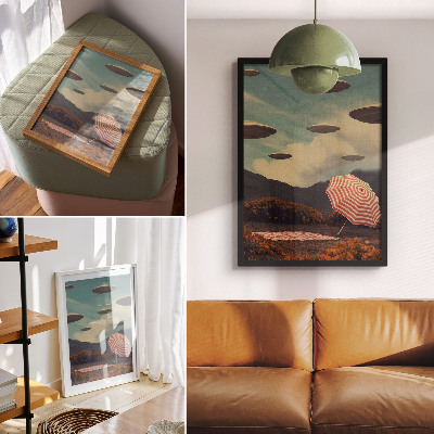 Impression sur toile Paysage pittoresque, parapluie et objets mystérieux