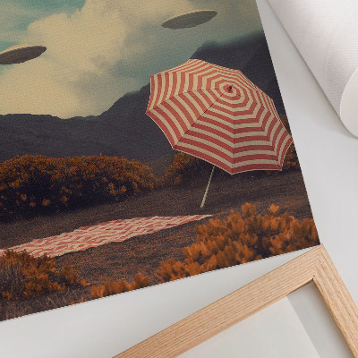 Impression sur toile Paysage pittoresque, parapluie et objets mystérieux