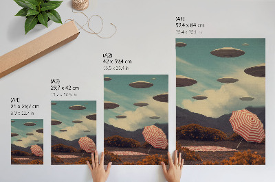 Impression sur toile Paysage pittoresque, parapluie et objets mystérieux