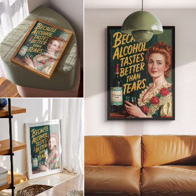 Affiche décorative Femme élégante et rétro avec du vin et une inscription