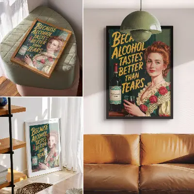 Affiche décorative représentant une femme élégante au style rétro avec du vin et une inscription