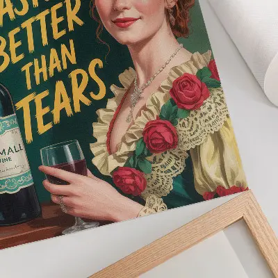 Affiche décorative représentant une femme élégante au style rétro avec du vin et une inscription