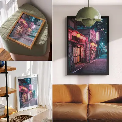 Affiche décorative représentant des lanternes néon dans les rues de la ville la nuit