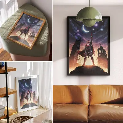 Affiche décorative ciel nocturne avec silhouette dynamique et ruines mystérieuses