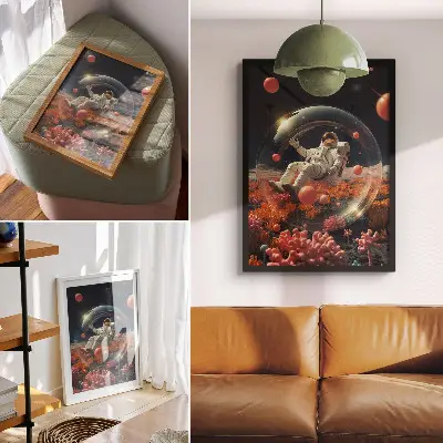 Décoration murale représentant un astronaute dans l'espace avec des plantes colorées et un cosmos
