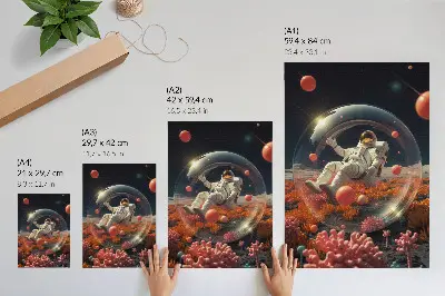 Décoration murale représentant un astronaute dans l'espace avec des plantes colorées et un cosmos