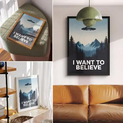 Affiche décorative forêt d'ovnis et montagnes au style moderne mystérieux
