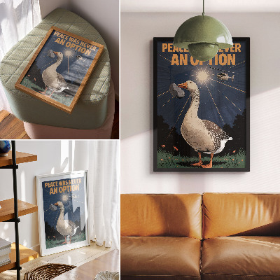 Impression sur toile Une oie avec une pierre et un hélicoptère en arrière-plan