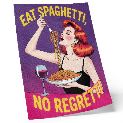 Impression sur toile Femme colorée mangeant des spaghettis avec du vin