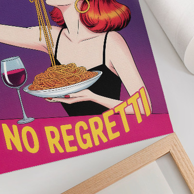 Impression sur toile Femme colorée mangeant des spaghettis avec du vin