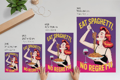 Impression sur toile Femme colorée mangeant des spaghettis avec du vin