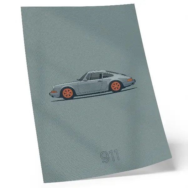 Affiche décorative représentant des jantes de voiture classique orange sur fond gris
