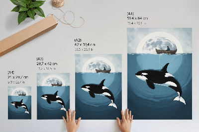 Impression sur toile Orque sous l'eau, silhouette sur un bateau, lune en arrière-plan