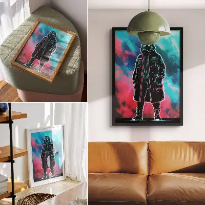 Affiche décorative silhouette futuriste sur fond de ciel aux couleurs vives