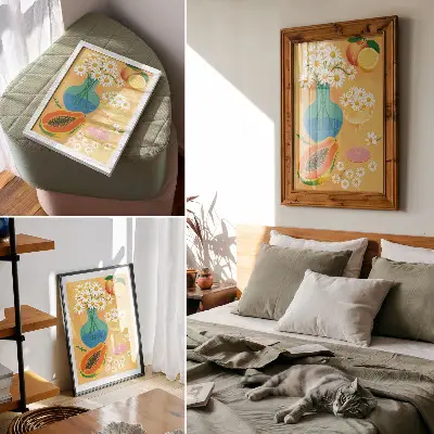 Impression sur toile fruits juteux et marguerites colorées style illustratif