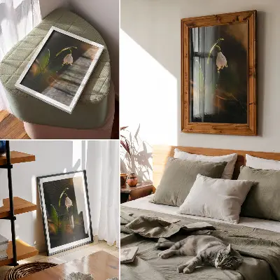 Décoration murale avec perce-neige, feuilles vertes et éclairage chaud