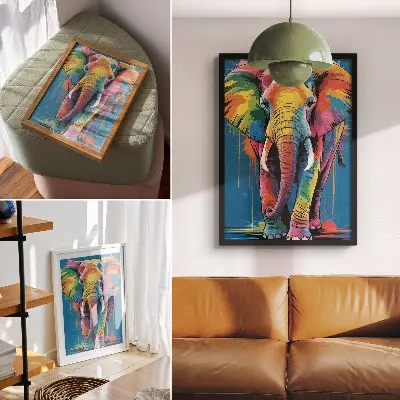 Décoration murale éléphant aux couleurs contrastées et intenses