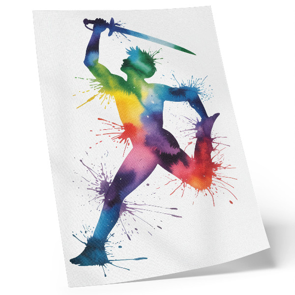 Affiche décorative Une silhouette aux couleurs vives, brandissant une épée.