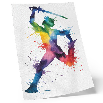 Affiche décorative Une silhouette aux couleurs vives, brandissant une épée.