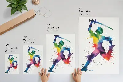 Affiche décorative représentant une silhouette aux couleurs vives brandissant une épée
