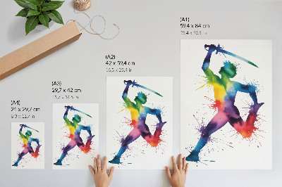 Affiche décorative Une silhouette aux couleurs vives, brandissant une épée.