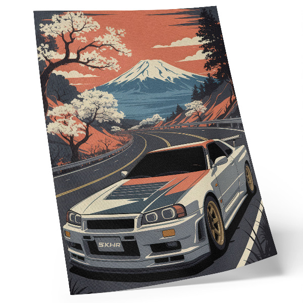 Impression sur toile Scène dynamique de montagne en voiture de sport