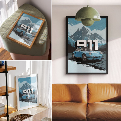 Affiche décorative Voiture classique, fond de montagne, grandes lettres
