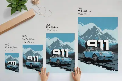 Affiche décorative voiture classique sur fond de montagne avec grandes lettres