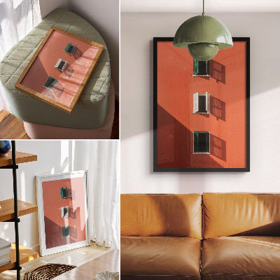 Affiche décorative Mur orange, trois fenêtres, stores verts
