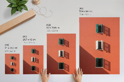Affiche décorative Mur orange, trois fenêtres, stores verts