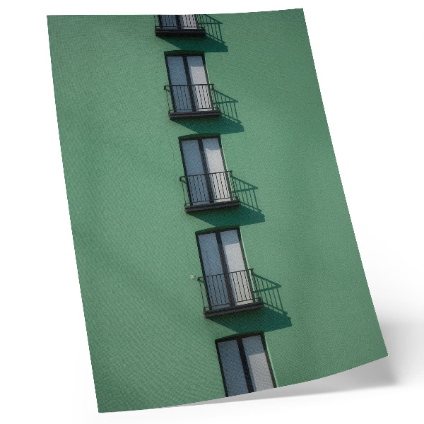 Décoration murale façade verte fenêtres balcons ombres moderne