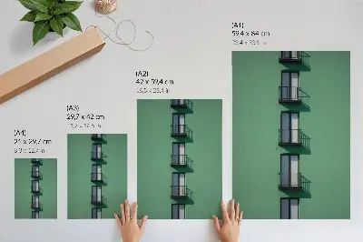 Décoration murale façade verte moderne avec fenêtres, balcons et ombres