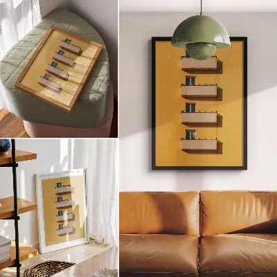 Impression sur toile façade jaune à quatre balcons au style minimaliste