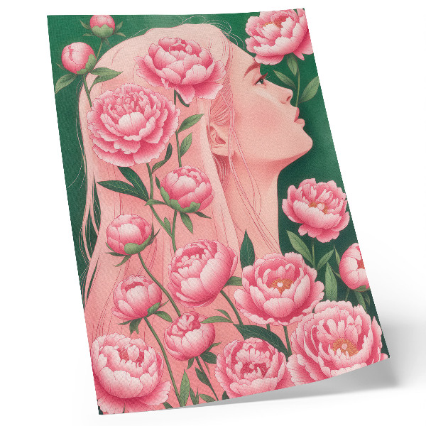 Affiche décorative Une femme parmi des pivoines roses sur fond vert