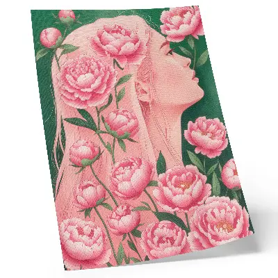 Affiche décorative représentant une femme parmi des pivoines roses sur fond vert