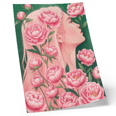 Affiche décorative Une femme parmi des pivoines roses sur fond vert