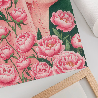 Affiche décorative Une femme parmi des pivoines roses sur fond vert