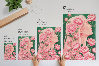 Affiche décorative Une femme parmi des pivoines roses sur fond vert