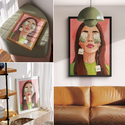 Décoration murale Fond coloré avec des détails verts et une silhouette tenant un thé