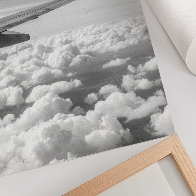 Affiche décorative Aile d'avion au-dessus des nuages, style noir et blanc