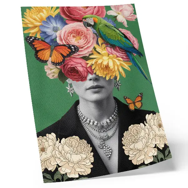 Impression sur toile représentant des fleurs, des oiseaux, des papillons et des figures élégantes dans un style surréaliste