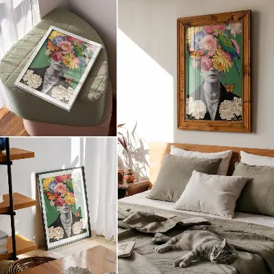 Impression sur toile représentant des fleurs, des oiseaux, des papillons et des figures élégantes dans un style surréaliste