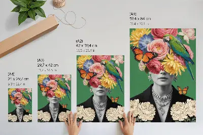 Impression sur toile représentant des fleurs, des oiseaux, des papillons et des figures élégantes dans un style surréaliste
