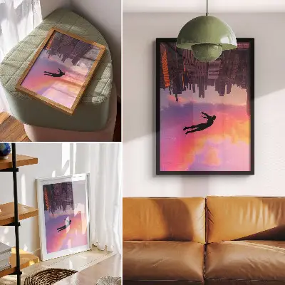 Affiche décorative silhouette d'une ville moderne sur ciel coloré