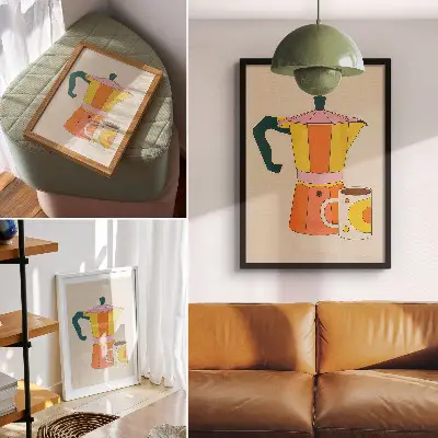 Décoration murale cafetière et tasse géométriques aux couleurs vives et optimistes