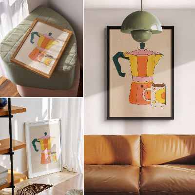 Décoration murale Cafetière et tasse géométriques, couleurs vives et optimistes