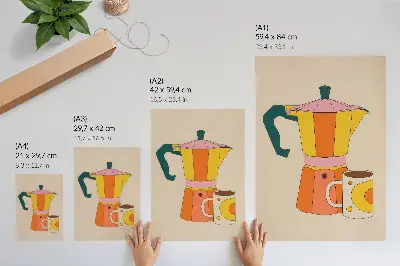 Décoration murale cafetière et tasse géométriques aux couleurs vives et optimistes