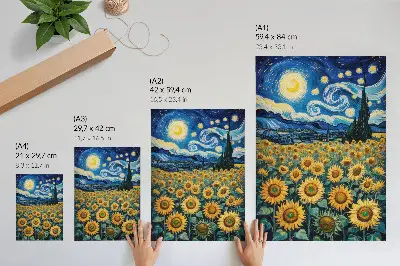Décoration murale représentant un champ de tournesols sous un ciel étoilé