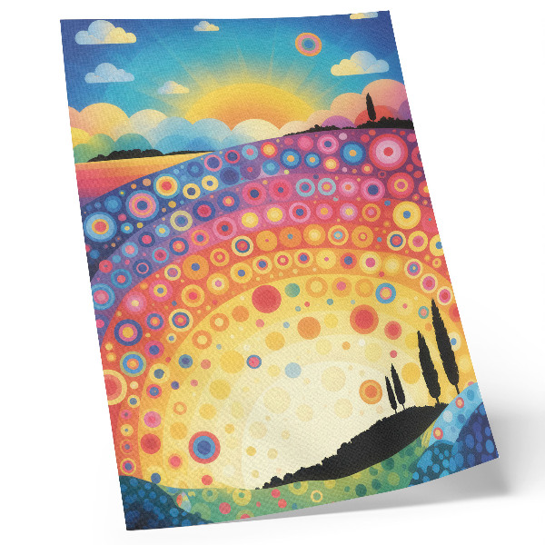 Impression sur toile Des cercles arc-en-ciel dynamiques se détachent sur le fond d'un coucher de soleil.